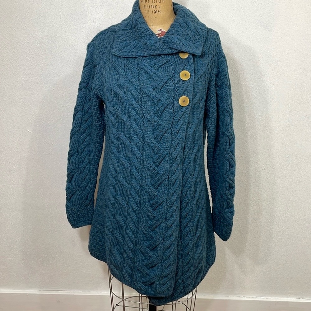 Merino wool, dark teal colored long, loose fitting cardigan